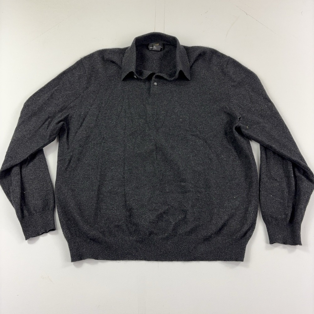 Pure 2-Ply Cashmere Sweater Mens Large Gray Collared 100% Cashmere Knit Pullover
